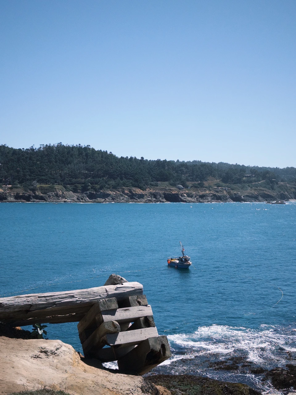 A boat in the cove, driftwood on the rocks