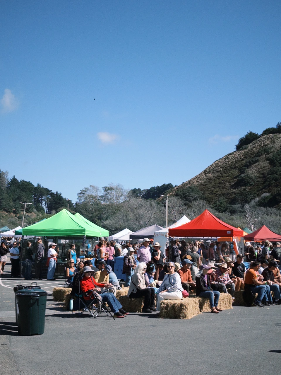 The crowd on hay bales among coloured tents