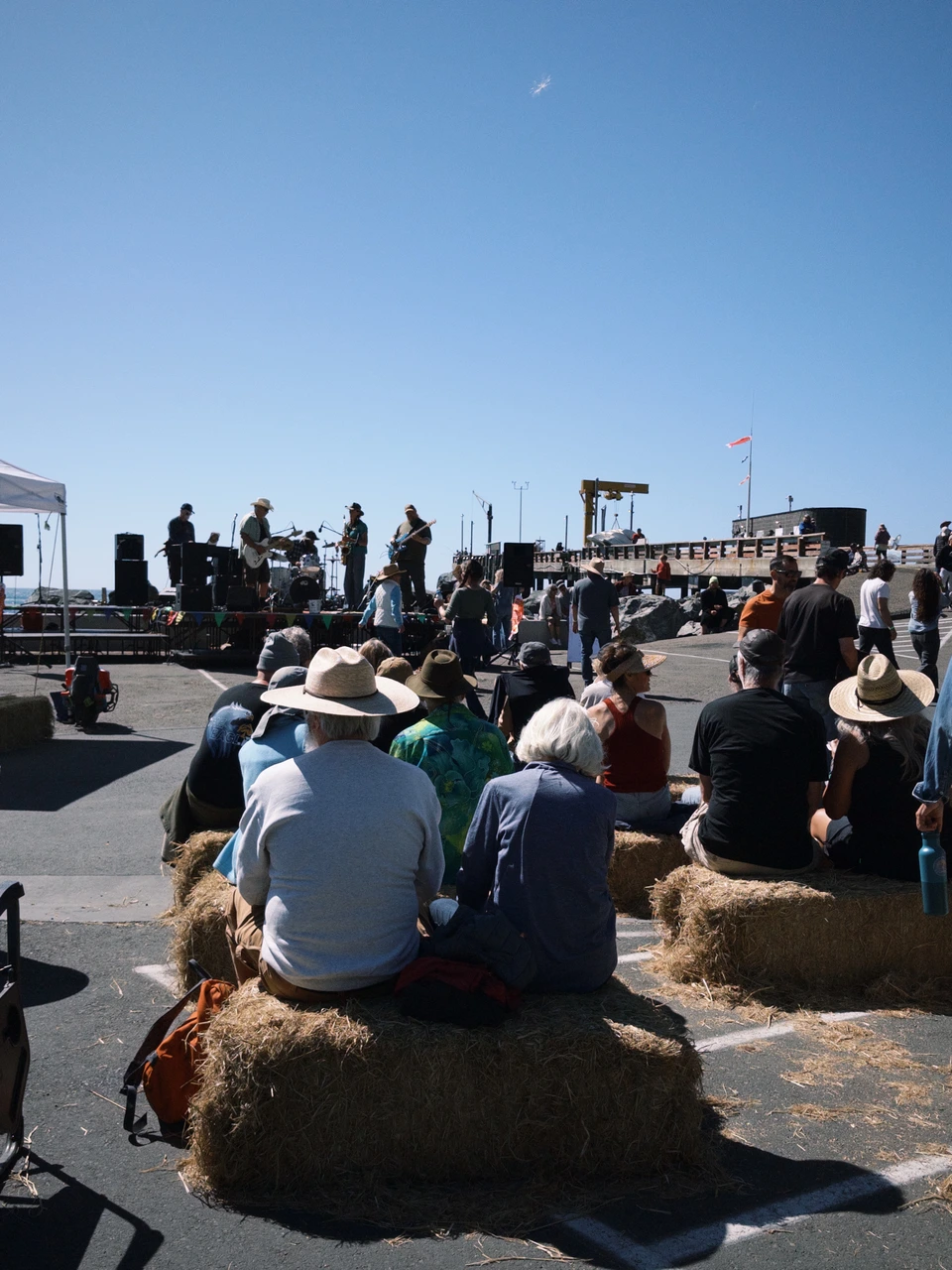 Hay bales full of people beside the sea