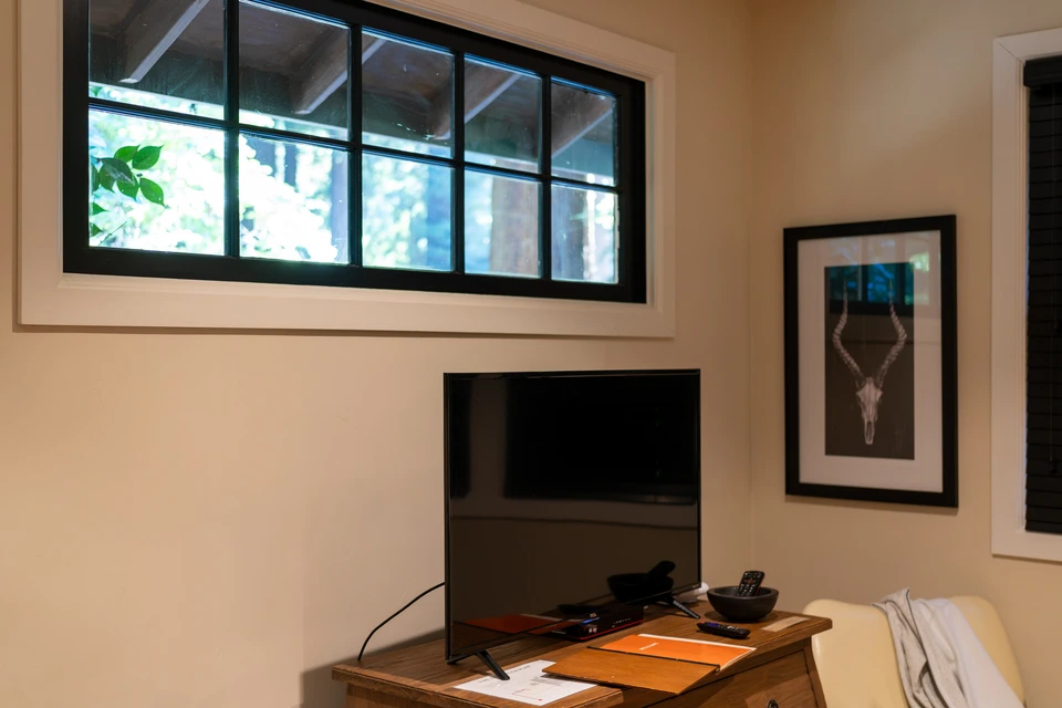 The living room: television, desk and sofa