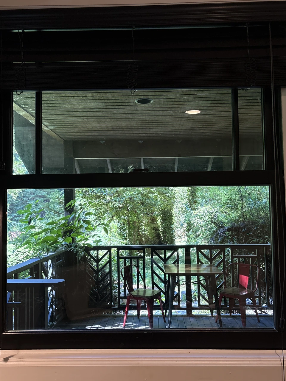 The glass door reflecting the forest outside
