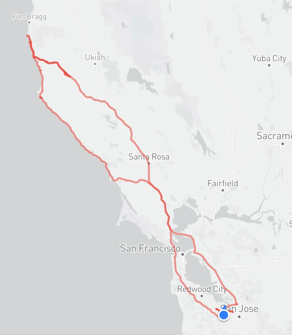 Route map: a loop north from San Jose to Fort Bragg